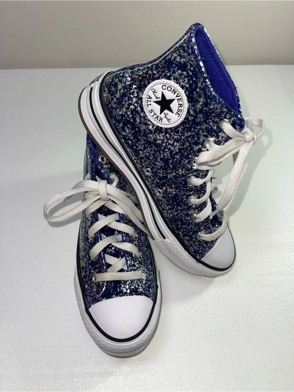 Converse Kids High-Top Glitter Sneakers in Blue and White